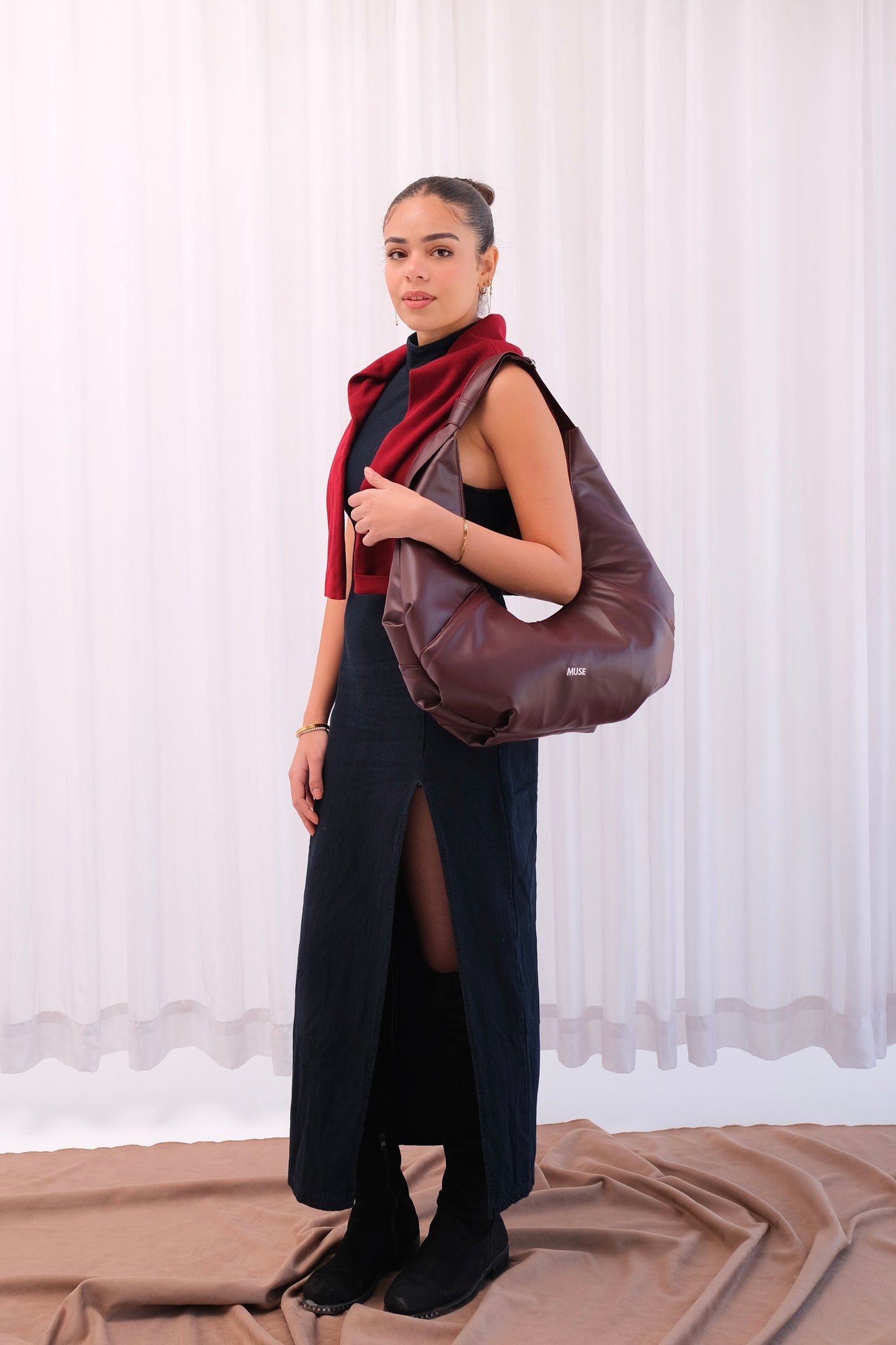 Leather Croissant Bag In Burgundy