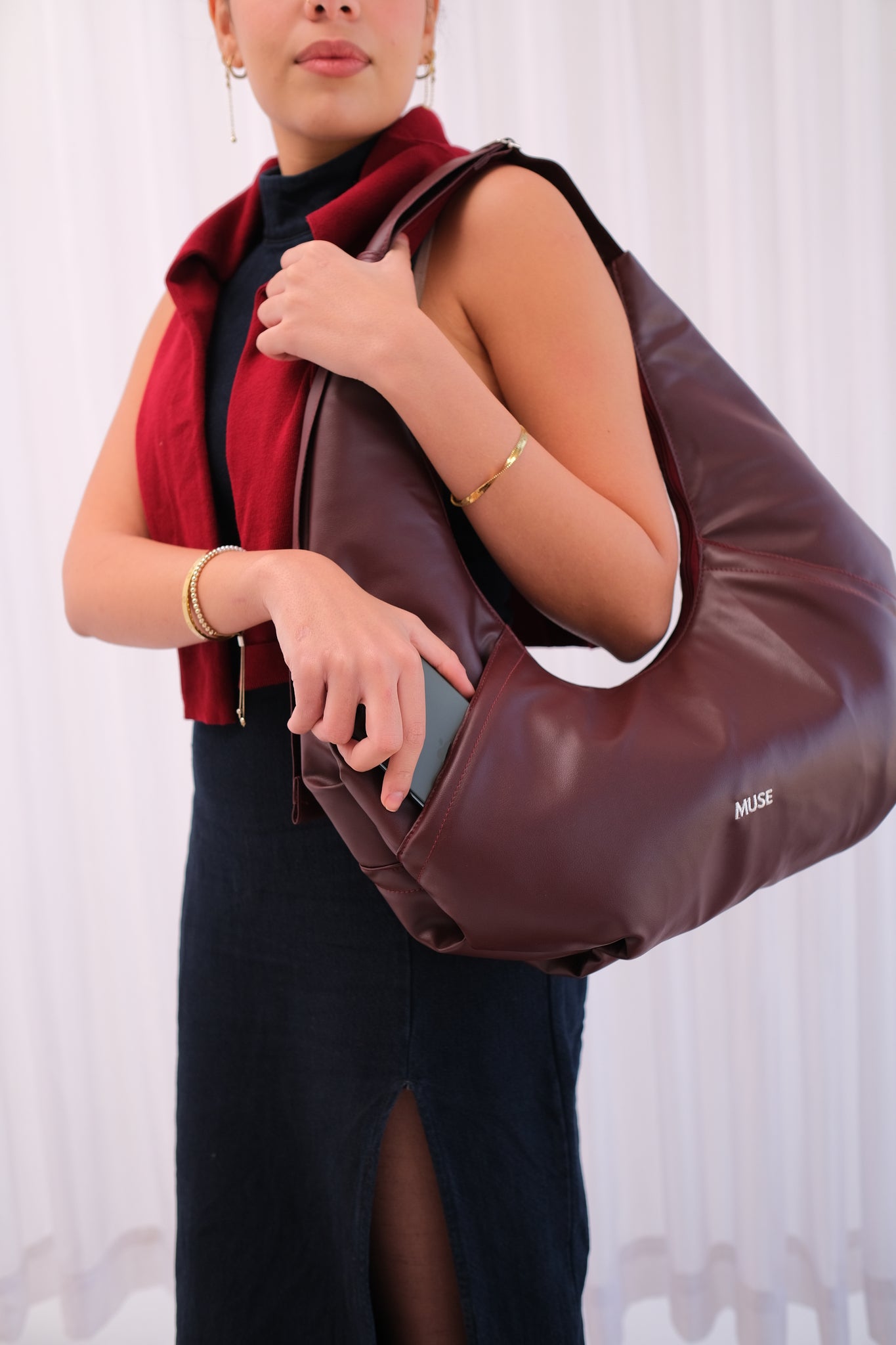 Leather Croissant Bag In Burgundy